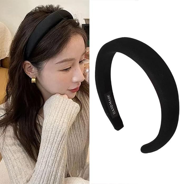 Black Padded Headband, Wide Soft Satin Hair Hoop, Thick Head Accessory | Amazon (US)