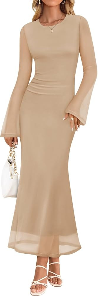 ZESICA Women's Long Sleeve Floral Bodycon Dress 2026 Spring Fall Ruched Mesh Wedding Guest Cockta... | Amazon (US)