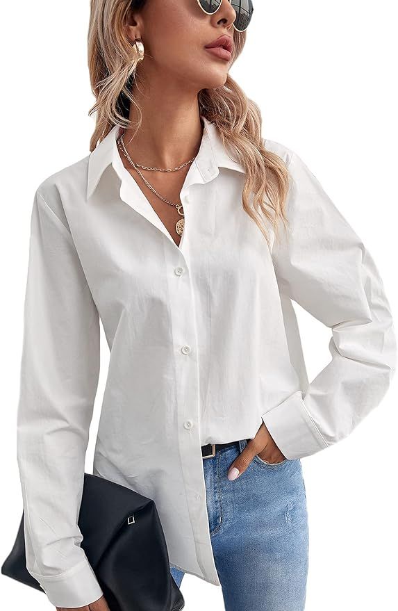 SheIn Women's Long Sleeve Button Down Shirt Solid Basic Workwear Blouse Tops | Amazon (US)
