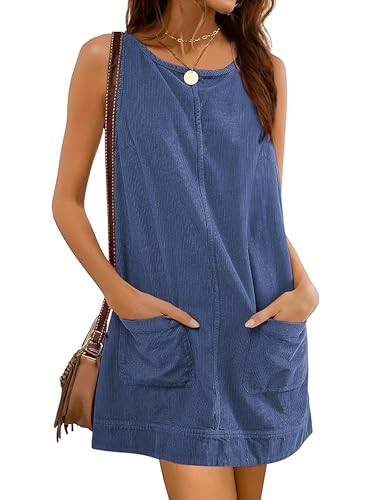 Hooever Women's Corduroy Overall Dress Round Neck A Line Skirtall Jumper Mini Dress Pinafore with Pockets(Dustyblue-XXL) | Amazon (US)