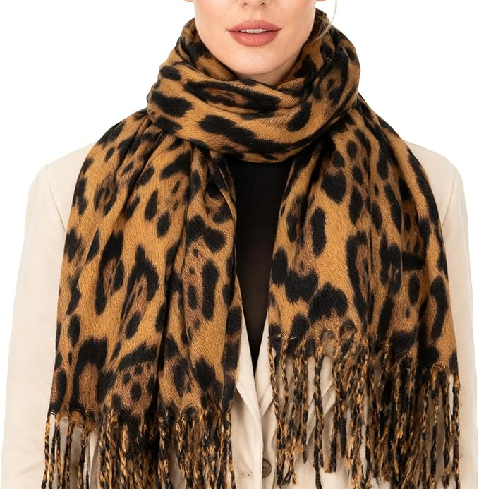 Women Leopard Print Shawl Scarf - Fashion Winter-Soft Cheetah Tassel Warm Long Scarves Cold Weath... | Amazon (US)