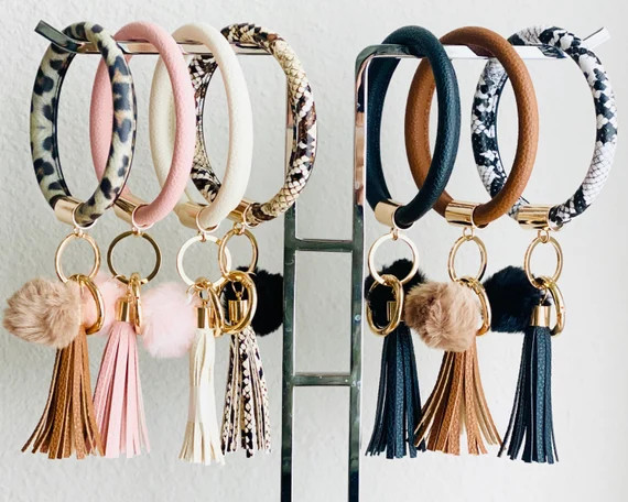 Bangle Key Ring | Bracelet Key Chain | Wristlet Keychain W Pom | Leopard Snake Black Brown Pink C... | Etsy (US)