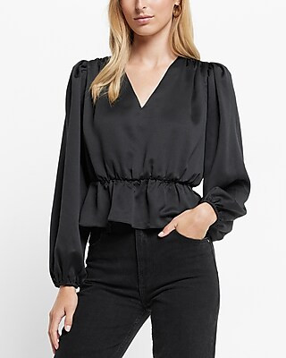 Long Sleeve V-Neck Peplum Top | Express