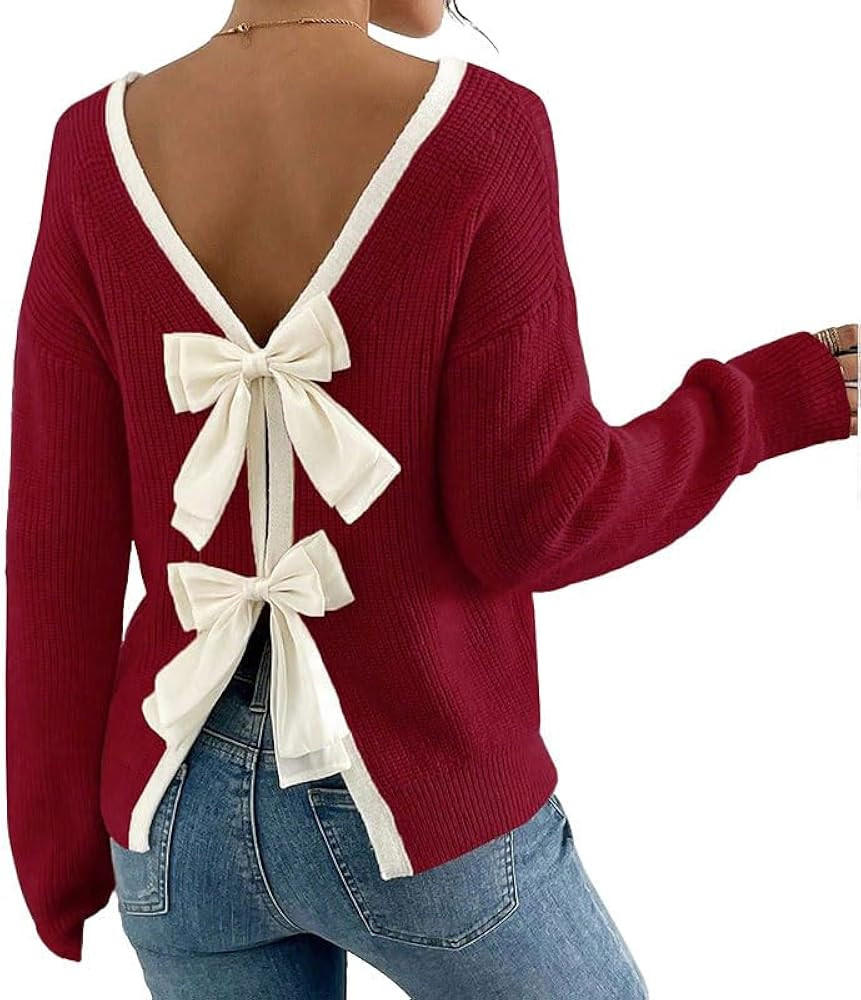 utcoco Women's Backless Bow Knit Sweater Long Sleeve Contrast Trim Crew Neck Loose Pullover Top f... | Amazon (US)