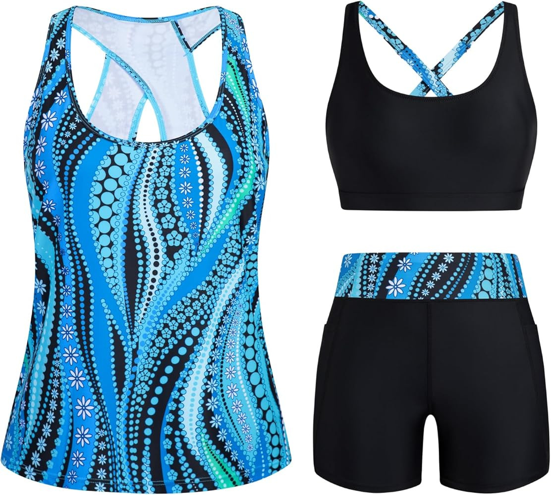 HUSKARY 3 Piece Tankini Swimsuits for Women Swim Tank Top with Bra and High Waist Boy Shorts with... | Amazon (CA)