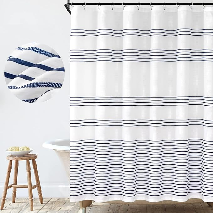 Vangao Blue White Fabric Shower Curtain with Hooks for Bathroom Stripe Printed Water Repellent Ba... | Amazon (US)