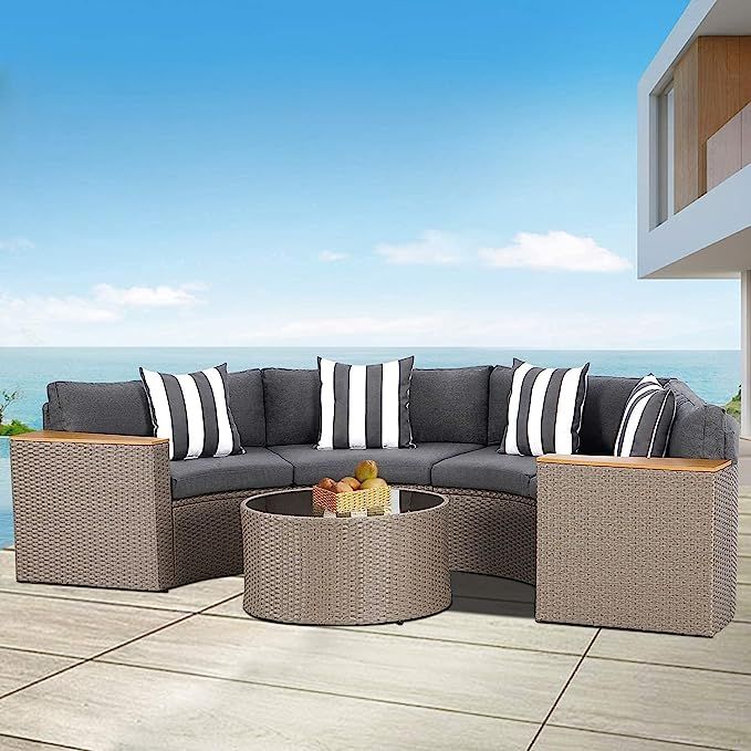 SOLAURA 5-Piece Patio Sectional Furniture Patio Half-Moon Set Brown Wicker Curved Outdoor Sofa wi... | Amazon (US)