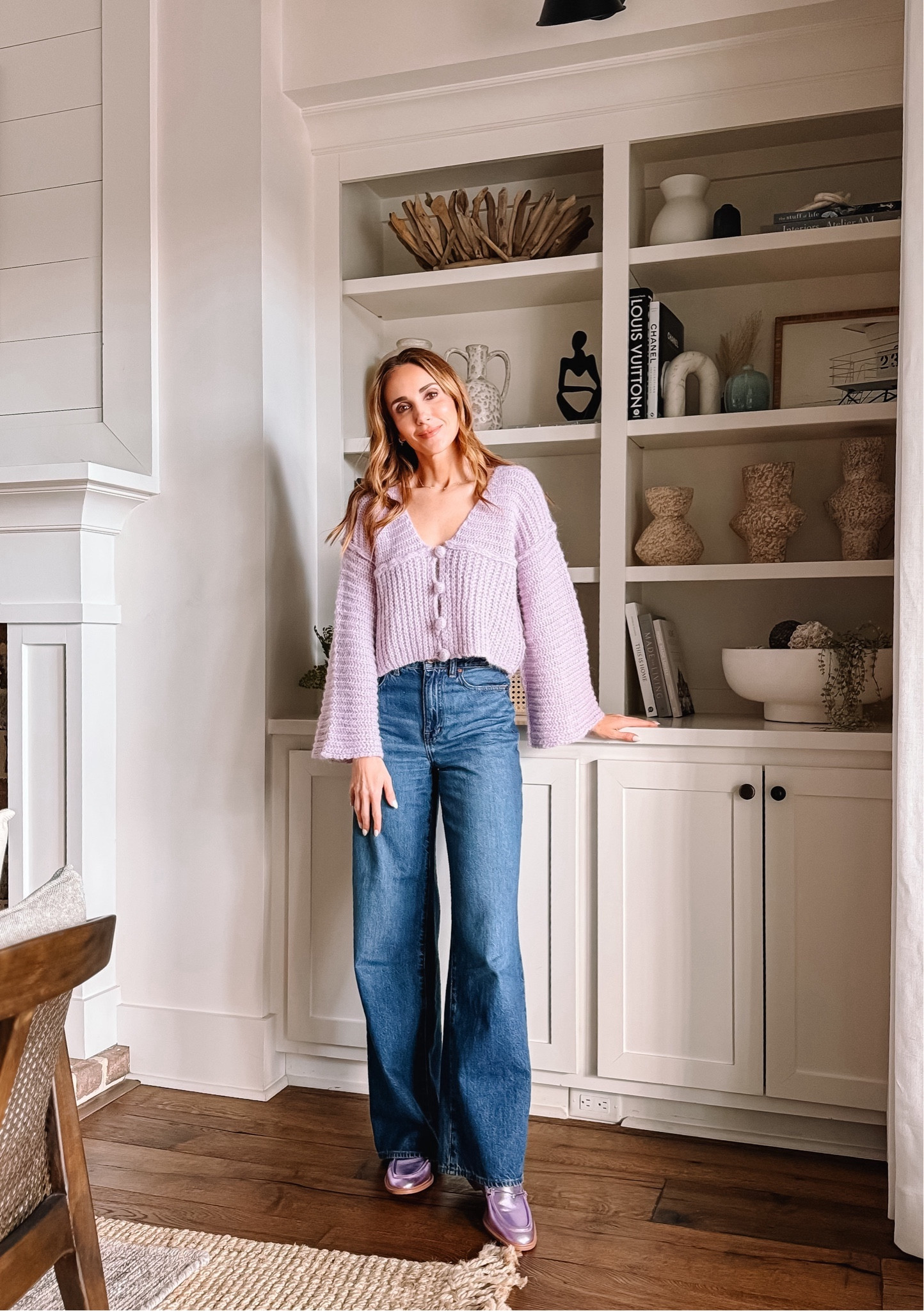 Spring outfit idea, wide leg jeans, how to style wide leg denim- s in cardi, 25 in jeans. Loafers comfortable straight out of the box, no breaking in needed . Fit true to size.
