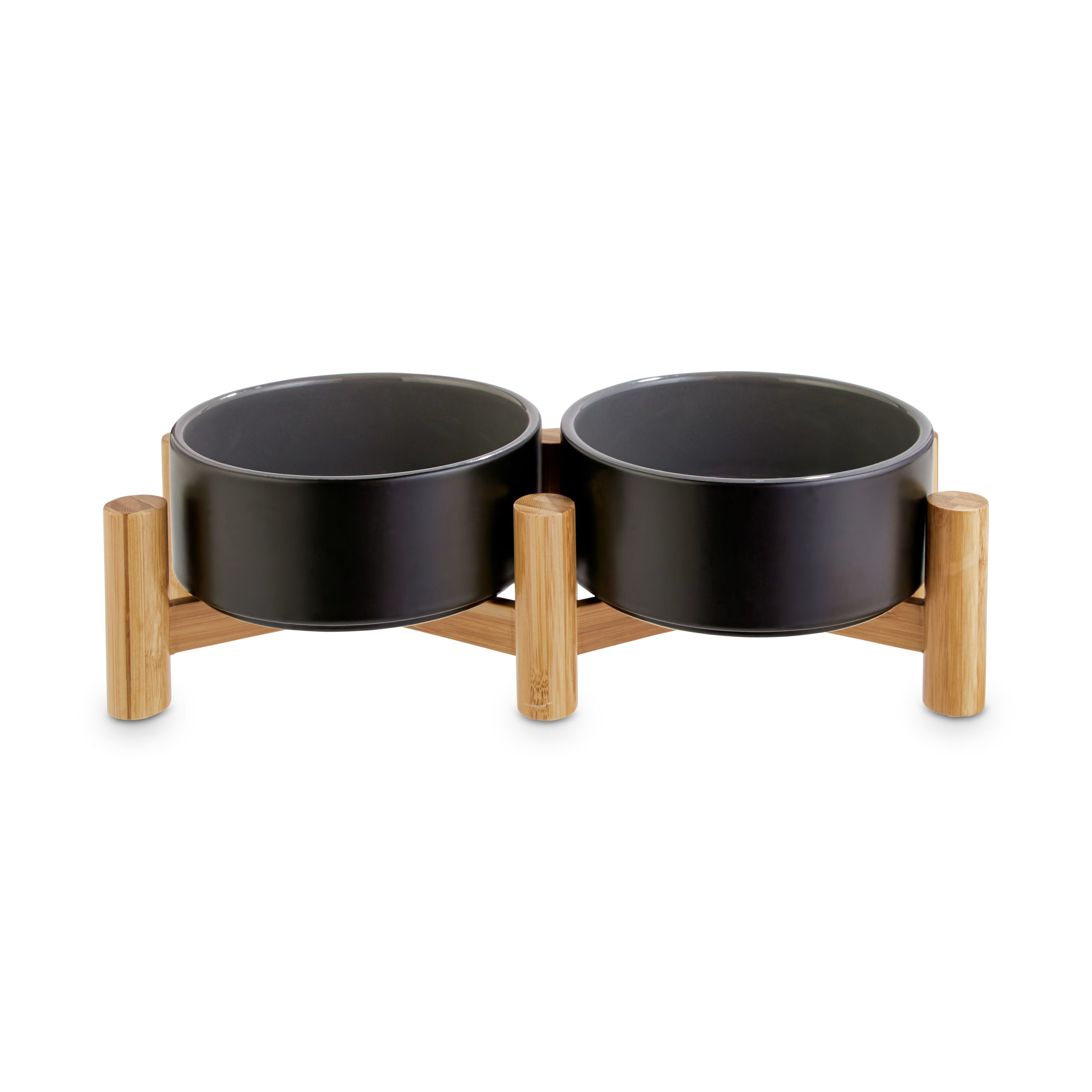 Reddy Black Ceramic & Bamboo Elevated Double Diner Pet Bowl, 3.5 Cups | Petco
