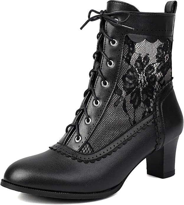 Women Victorian Boots 70s Lace up Ankle Boots Kitten Heel Costume Shoes Side Zipper Round Toe | Amazon (US)