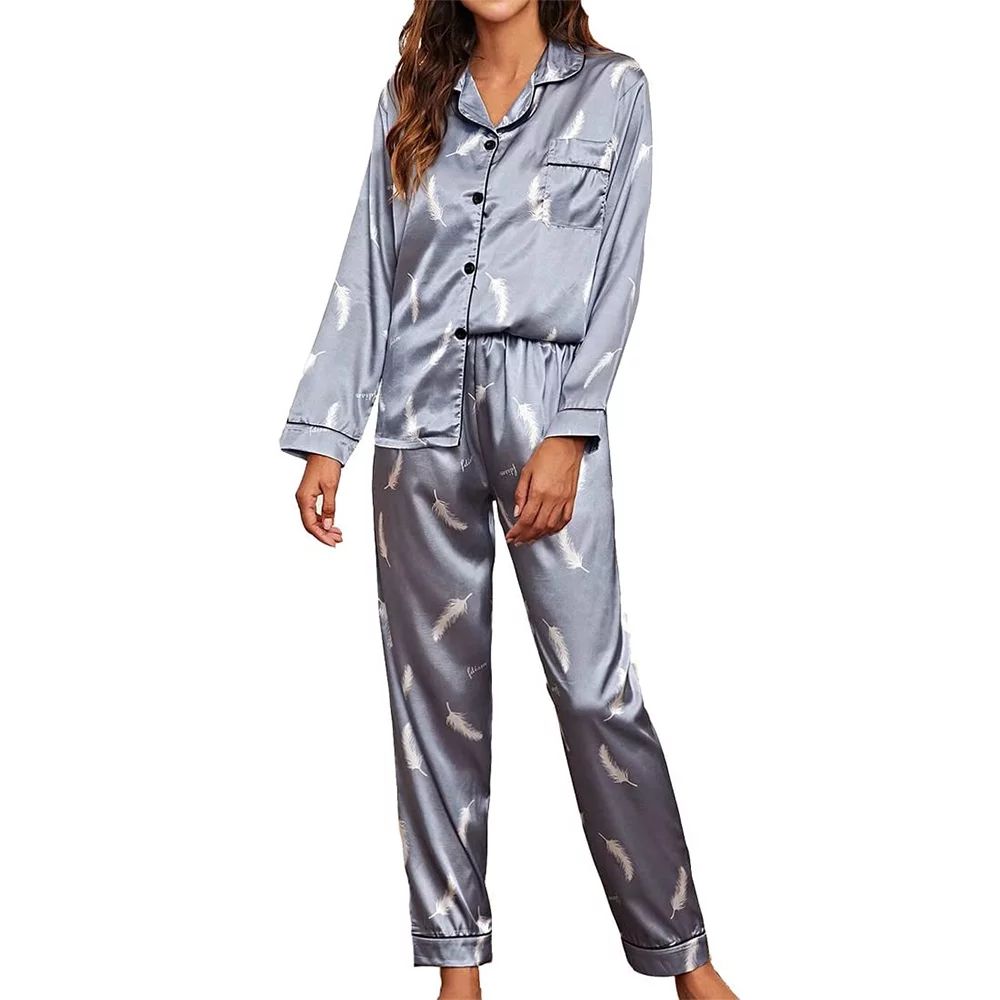 DAKIMOE Sleepwear Womens Silky Satin Pajamas Set Long Sleeve Nightwear Loungewear, Gray, L | Walmart (US)