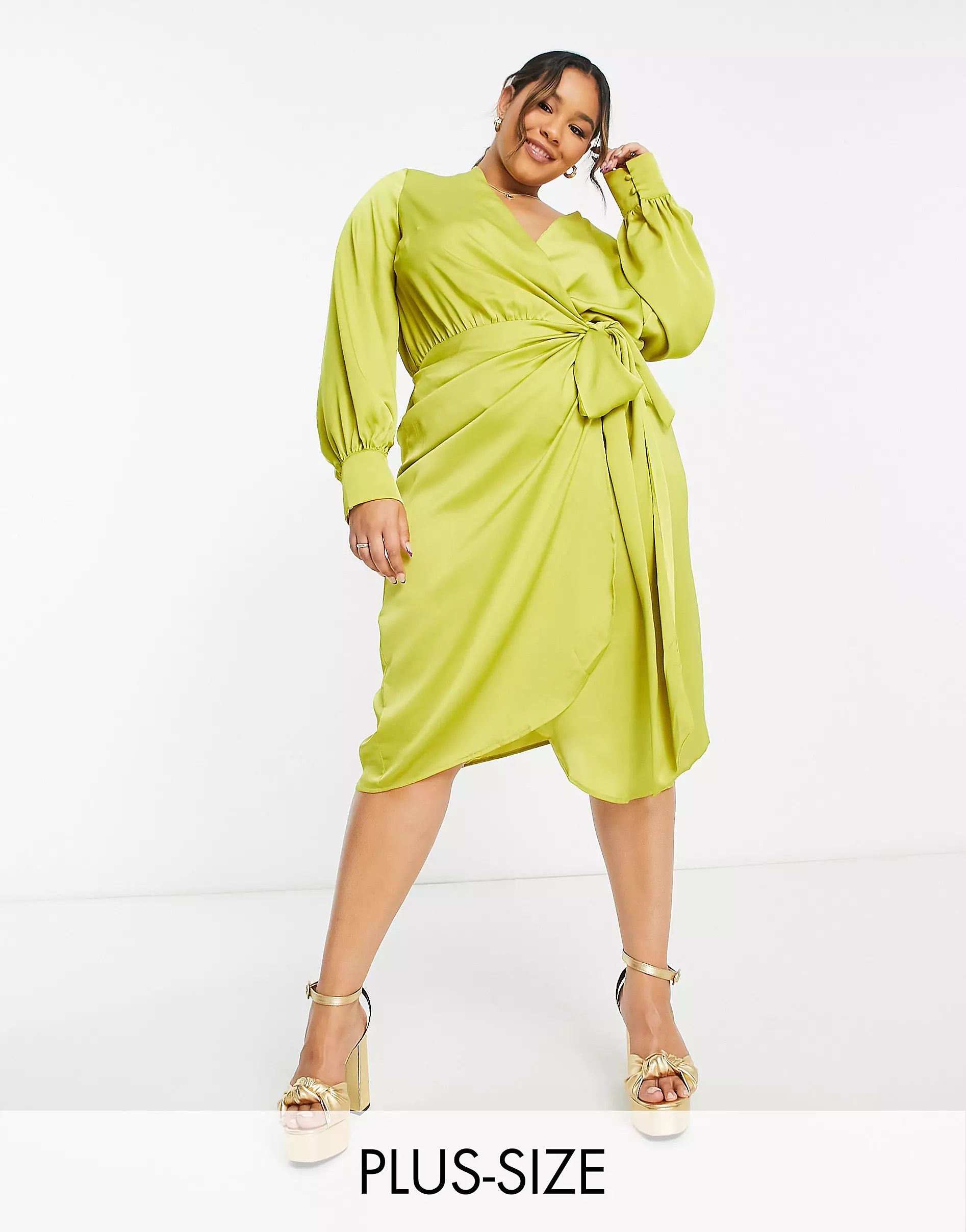 Never Fully Dressed Plus satin wrap midi dress in olive green | ASOS (Global)