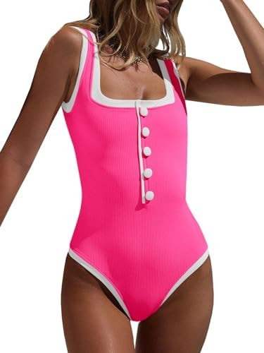 Saodimallsu Womens One Piece Swimsuit Vintage Ribbed Slimming High Cut Color Block Button Square ... | Amazon (US)