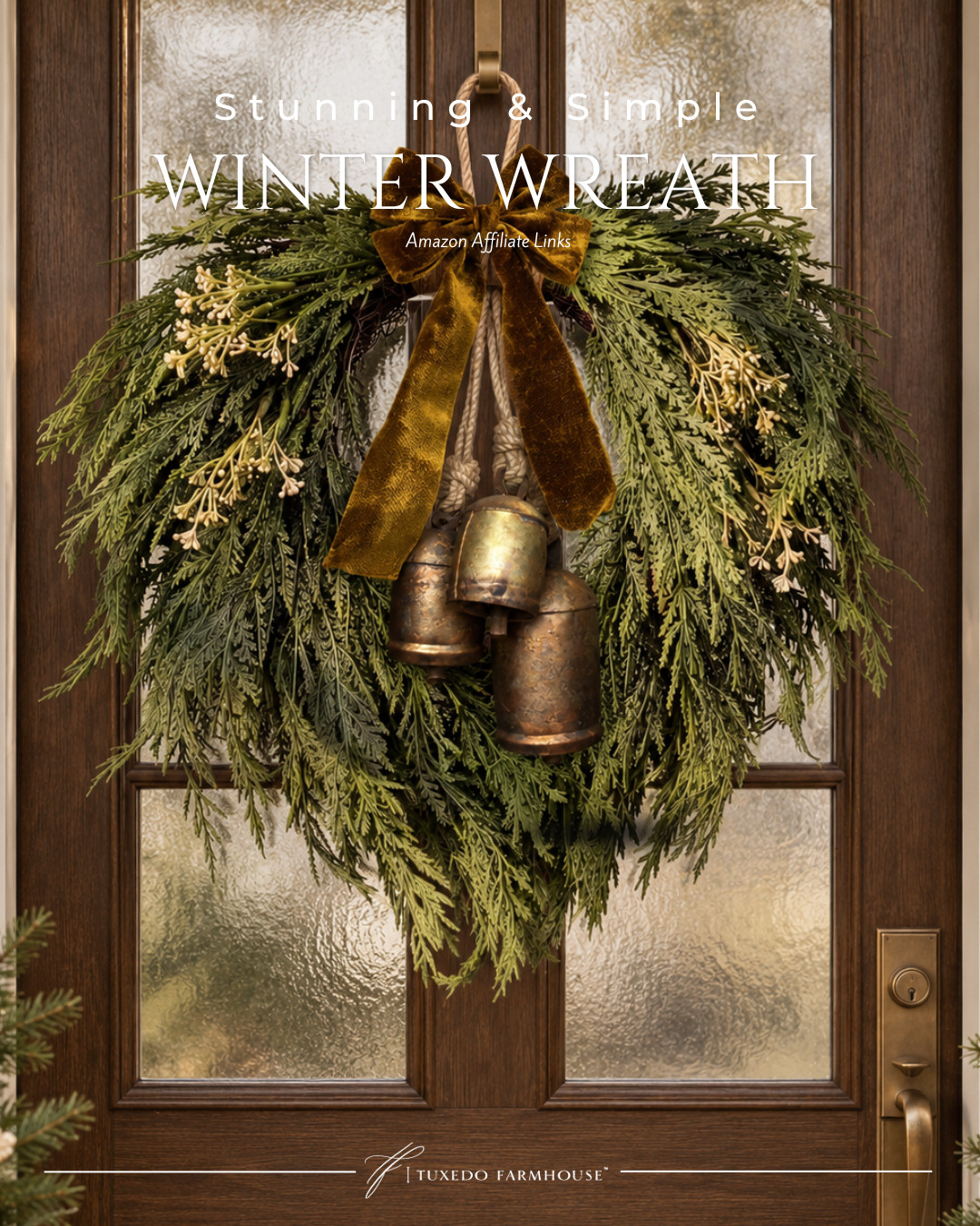 Simple, stunning and SO good for winter. 🤎🌲 I love the cascading greenery, vintage-style bells and rich velvet bow—such an elegant way to dress up the front door for Christmas and carry it beautifully through the winter season. This Amazon wreath looks far more expensive than it is! ✨

#LTKHome #LTKSeasonal #LTKStyleTip #AmazonHome #WinterDecor #ChristmasDecor #AmazonFinds #FrontDoorDecor 

 #LTKSeasonal #LTKHome #LTKSaleAlert