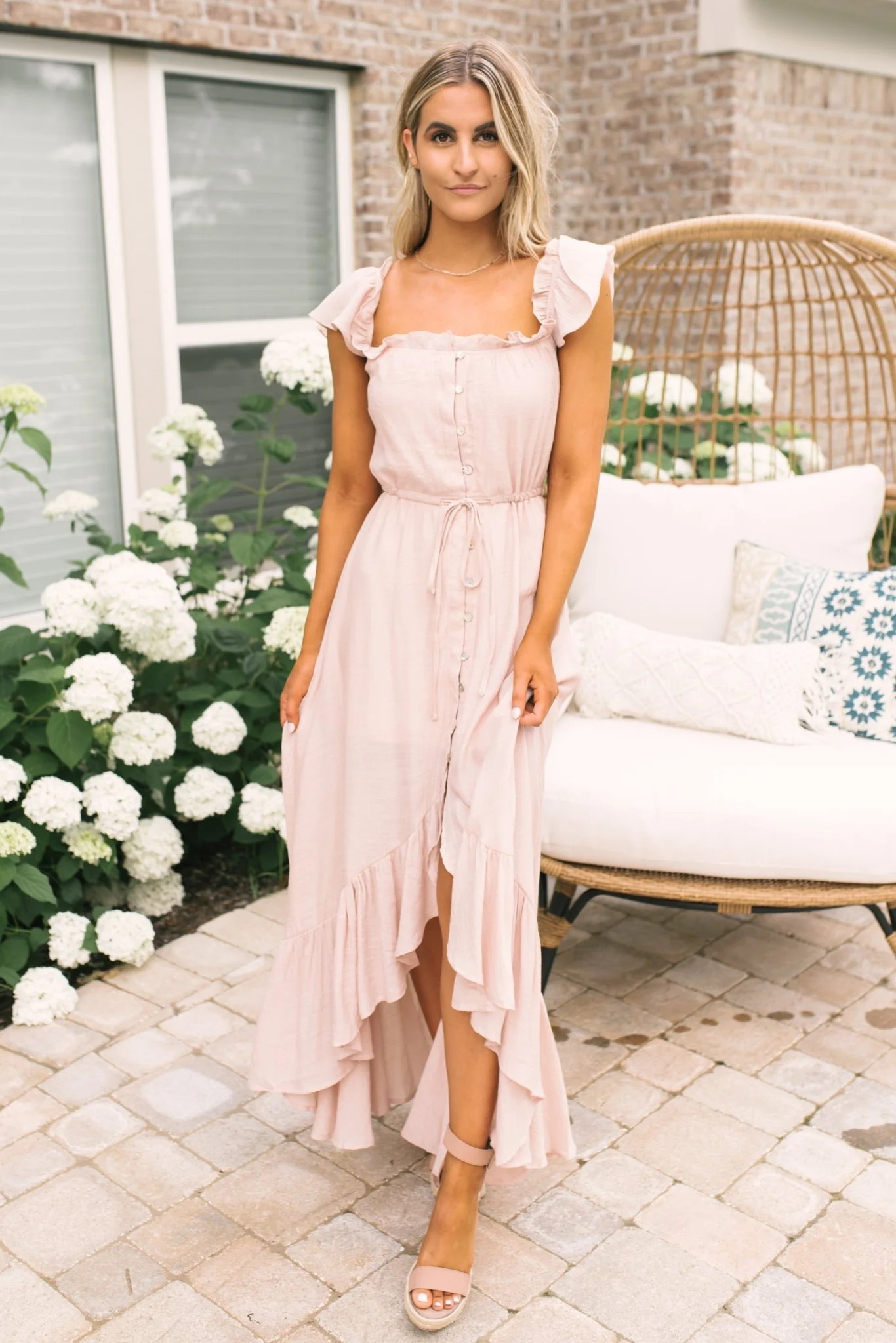Blush High-Low Off-Shoulder Maxi Dress | Elegant Button-Down | Magnolia Boutique