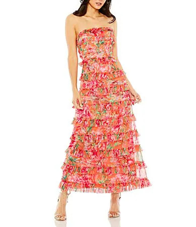 Mac Duggal Chiffon Floral Print Strapless Neck Sleeveless Ruffle Tiered A-Line Maxi Dress - 2 | Dillard's