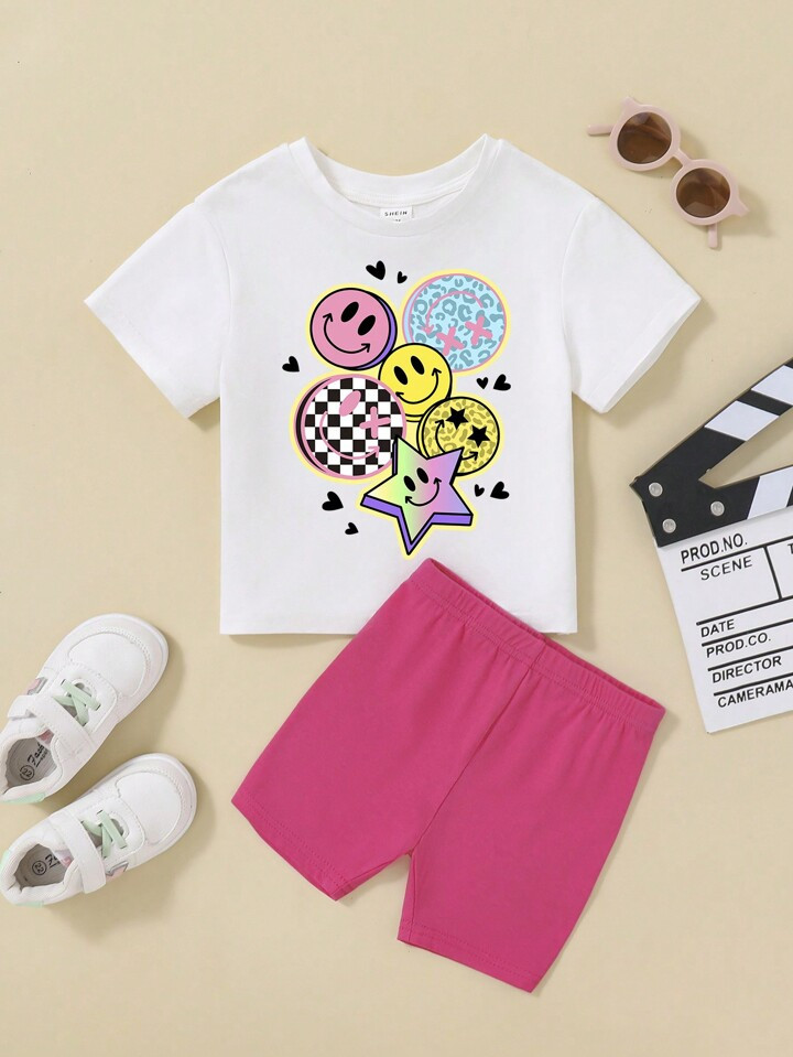Baby Girl's Casual Simple Cartoon Pattern Short Sleeve T-Shirt And Shorts Set Suitable For Summer | SHEIN