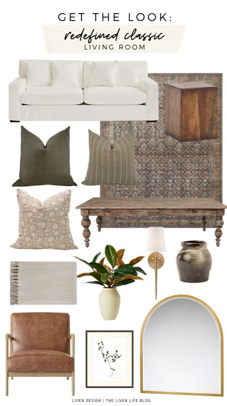 redefined classic living room. home decor. turned leg traditional wood coffee table. brass arch mirror. leather wood accent chair. traditional antique vintage rug. olive green pillow. neutral block print floral pillow. terracotta vase. brass shade sconce. interior design. wood block side table. white sofa. throw blanket. botanical art. brown pillow. 

#LTKSeasonal #LTKhome #LTKstyletip