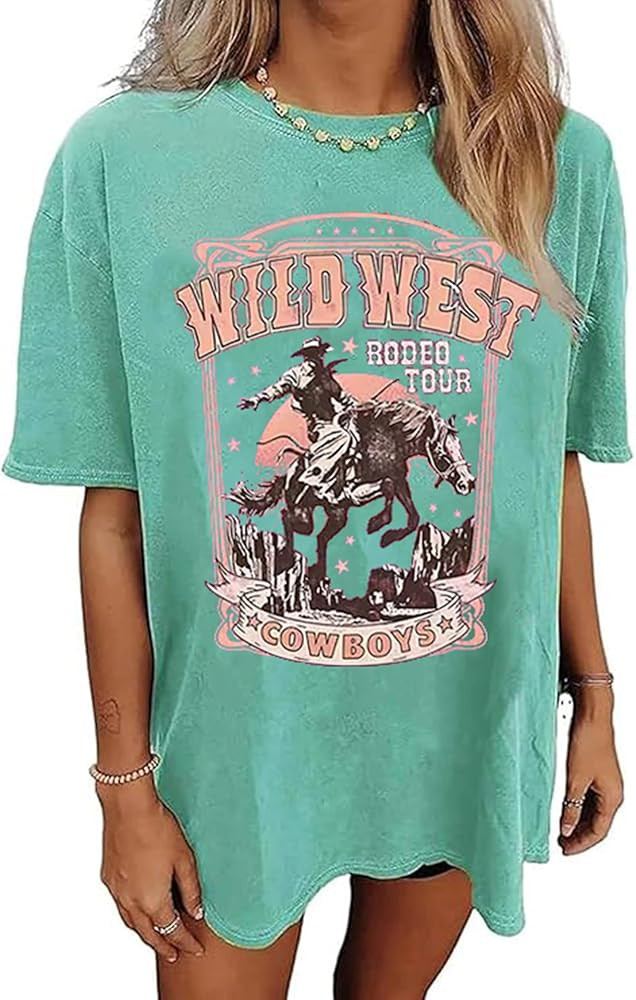 Wild West Cowboy T Shirt Women Vintage Rodeo Shirts Cowboy Graphic Tee Oversized Country Music Sh... | Amazon (US)