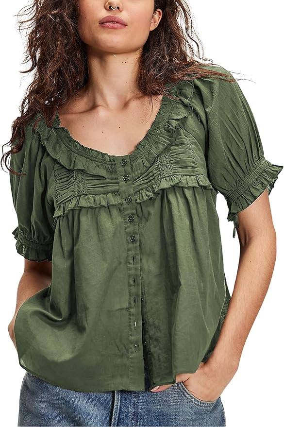 Womens 2025 Summer Trendy Ruffled Top Shapeless Billowy Tunic Swing Blouse with Puff Sleeve | Amazon (US)