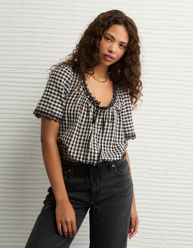 AE Short-Sleeve Gingham Button-Up Blouse | American Eagle Outfitters (US & CA)