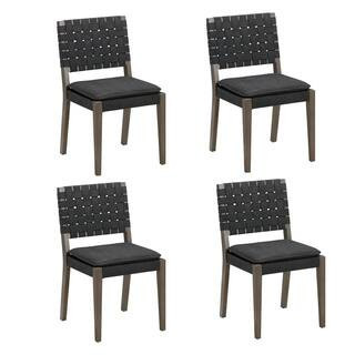 Cohen 19 in. Wood Mid-Century Modern Upholstered Dining Chair Hand Woven Faux Leather Backrest, Black, Set of 4 | The Home Depot
