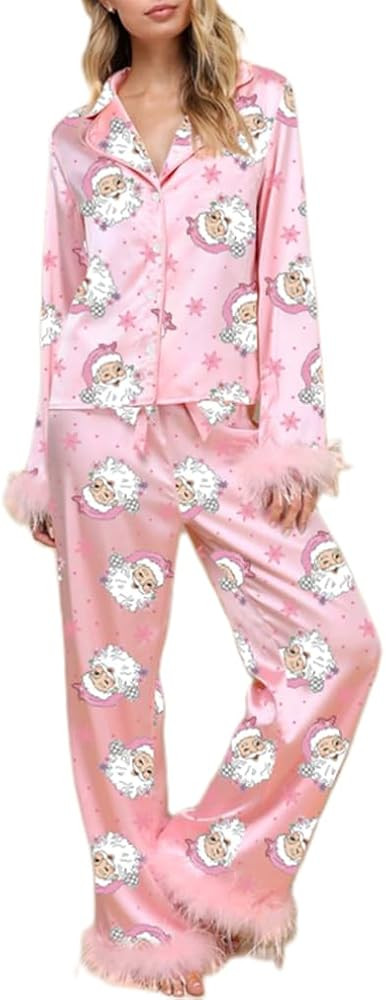 Women's Satin Silk Pajamas Sexy Feather Trim Long Sleeve Button Up Pjs Shirt Sleep Pajama Pants 2... | Amazon (US)