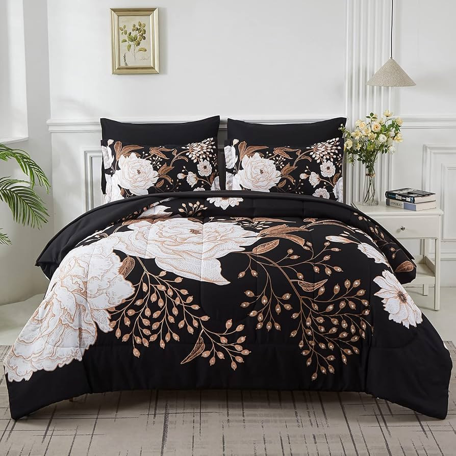Yogeneg 7 Piece Bed in a Bag Queen Comforter Set Botanical Floral Bedding Set,White Flowers Leave... | Amazon (US)
