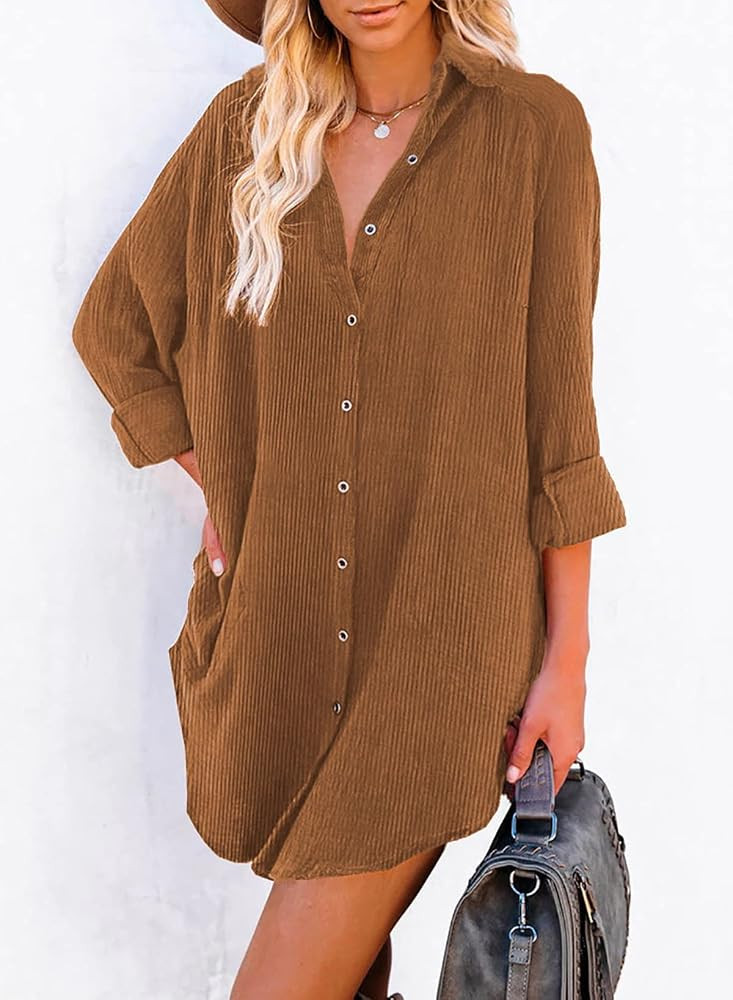 Astylish Women Casual Long Sleeve Button Down Oversized Corduroy Shirt Dress with Pocket | Amazon (US)