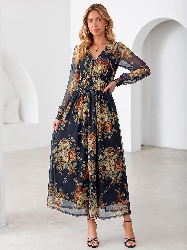 BerryGo Womens Tulle Floral Long Sleeve Maxi Fall Wedding Guest Dresses | Amazon (US)
