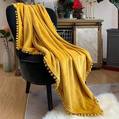 LOMAO Flannel Blanket with Pompom Fringe Lightweight Cozy Bed Blanket Soft Throw Blanket fit Couc... | Amazon (US)