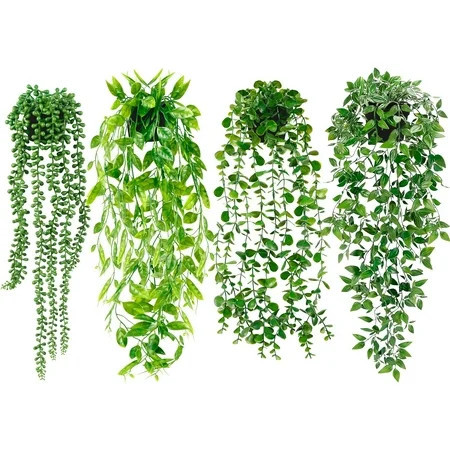 Artificial Hanging Plants for Shelf, 4 Pack Fake Potted Greenery Faux Eucalyptus Vine, Mandala Vine, String of Pearls,Pea pod Leaves in Pot for Office Living Room Bathroom Indoor Outdoor Décor | Walmart (US)