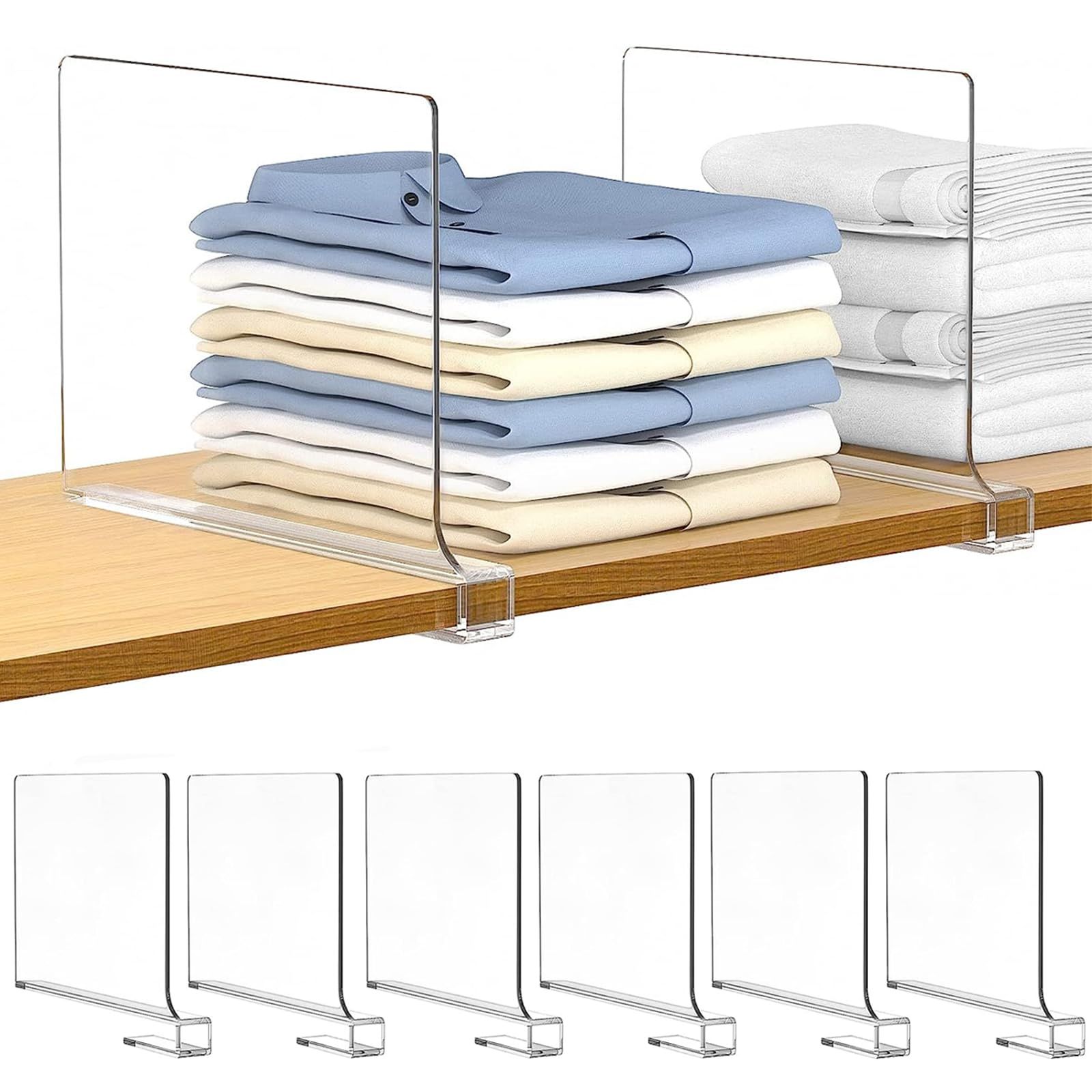 Aolloa 6 PCS Shelf Dividers for Closet Organization Acrylic Clear Closet Shelf Divider for Wooden Shelving Suitable for Wooden or Vertical Shelves Or Bedroom, Kitchen and Office | Amazon (US)