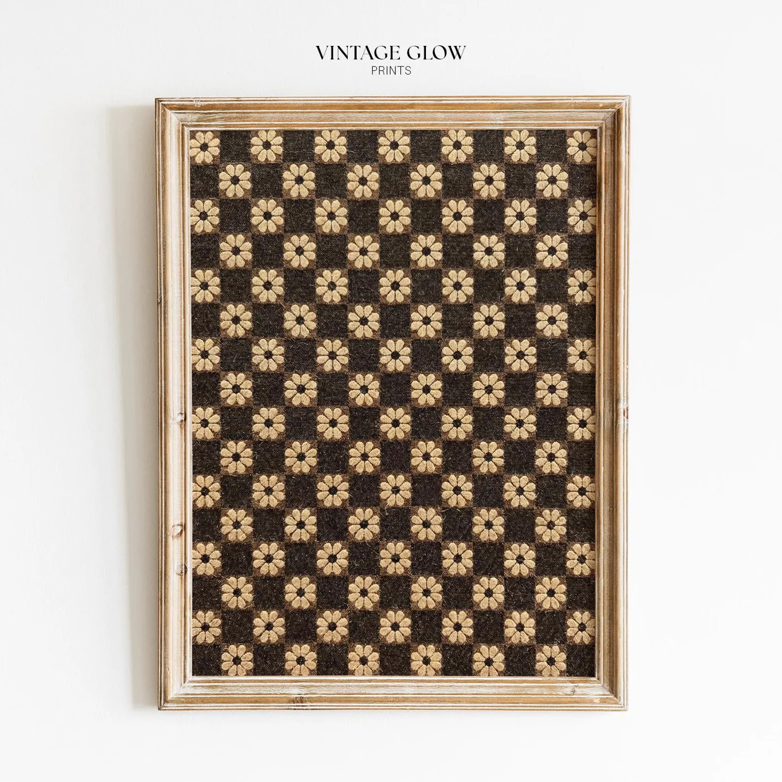 Antique Floral Textile Print | Brown Checkerboard Pattern Wall Art | Rustic Farmhouse Decor | Etsy (Global)