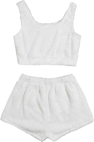 SweatyRocks Women's Fluffy Pajamas Set Crop Tank Top with Shorts Loungewear | Amazon (US)