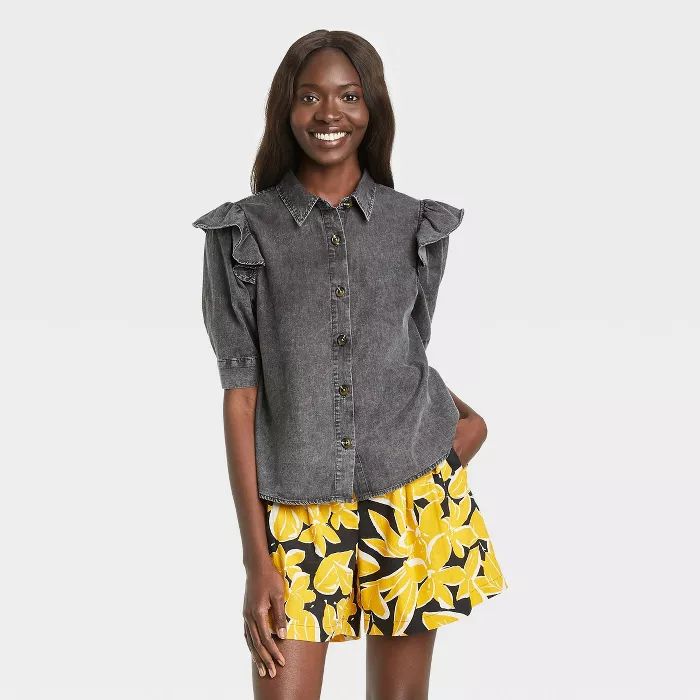 Women's Ruffle Elbow Sleeve Button-Down Shirt - Who What Wear™ | Target