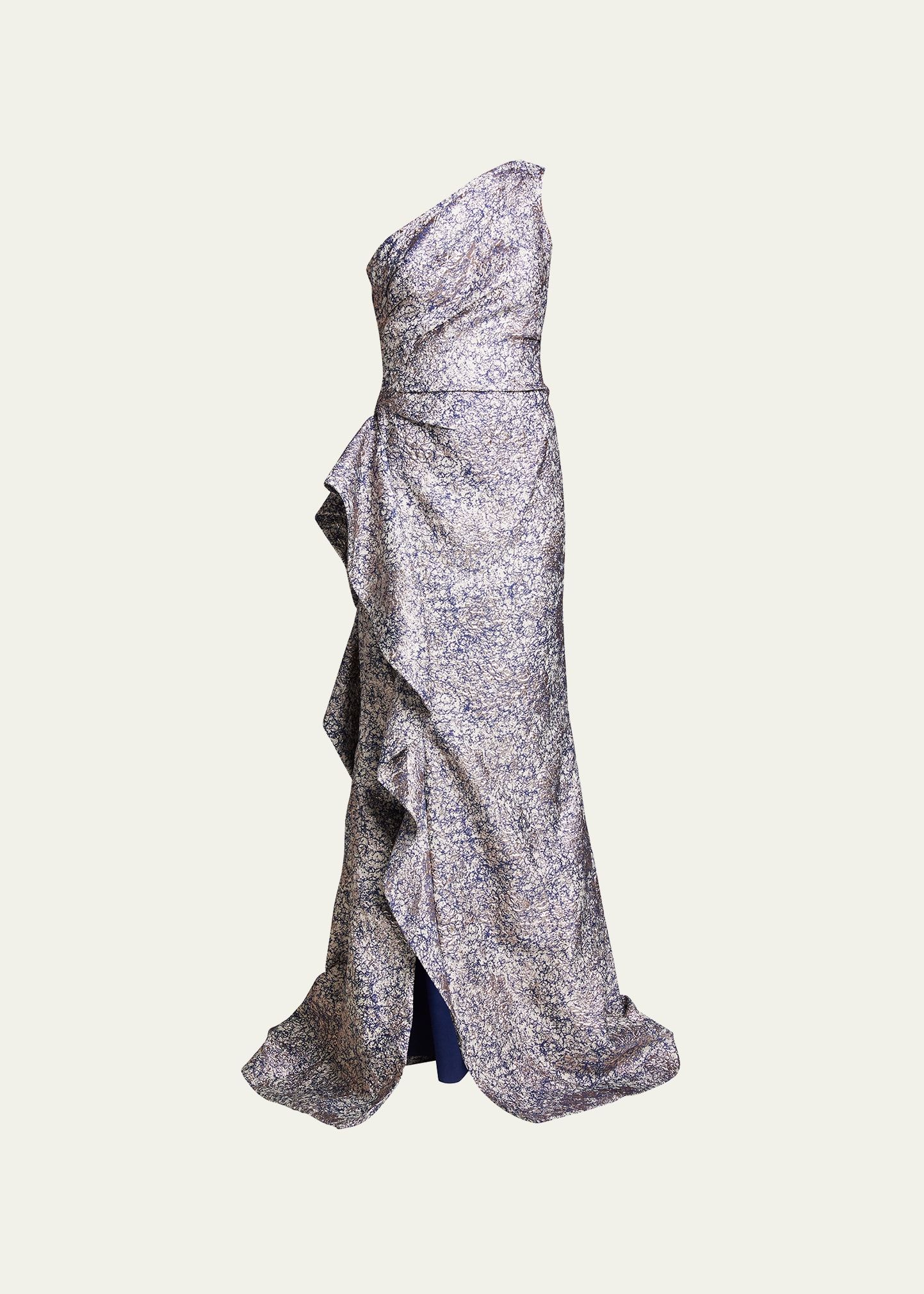 Rickie Freeman for Teri Jon One-Shoulder Jacquard Side-Ruffle Gown | Bergdorf Goodman