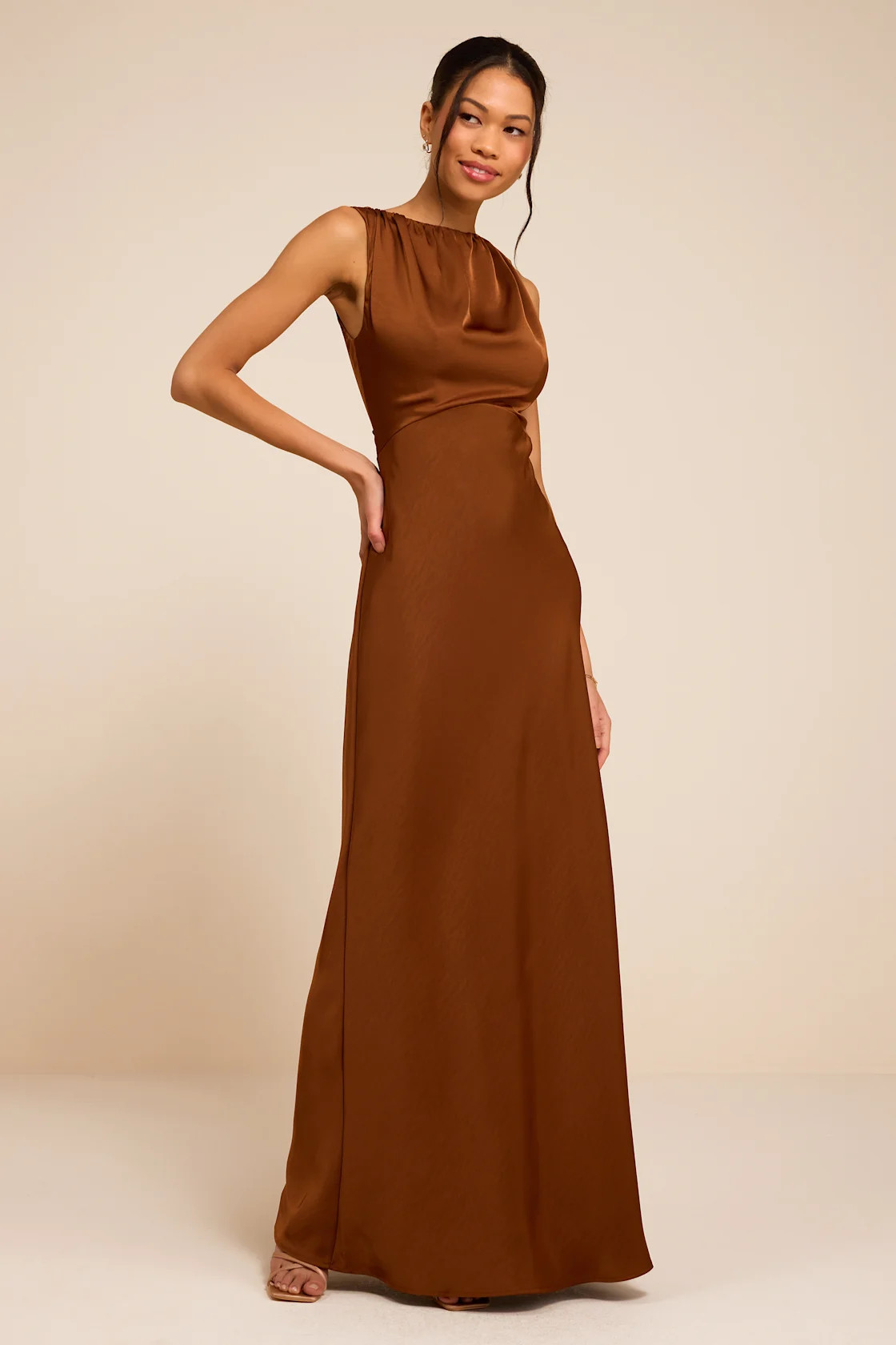 Perla Brown Satin Boat Neck Maxi Dress | Lulus
