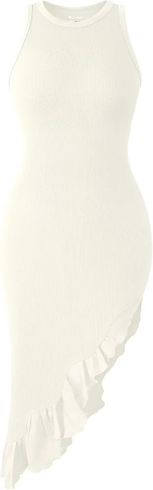 OQQ Women's Dresses Sexy Sleeveless Crew Neck Ruffled Irregular Elegant Party Dress | Amazon (US)