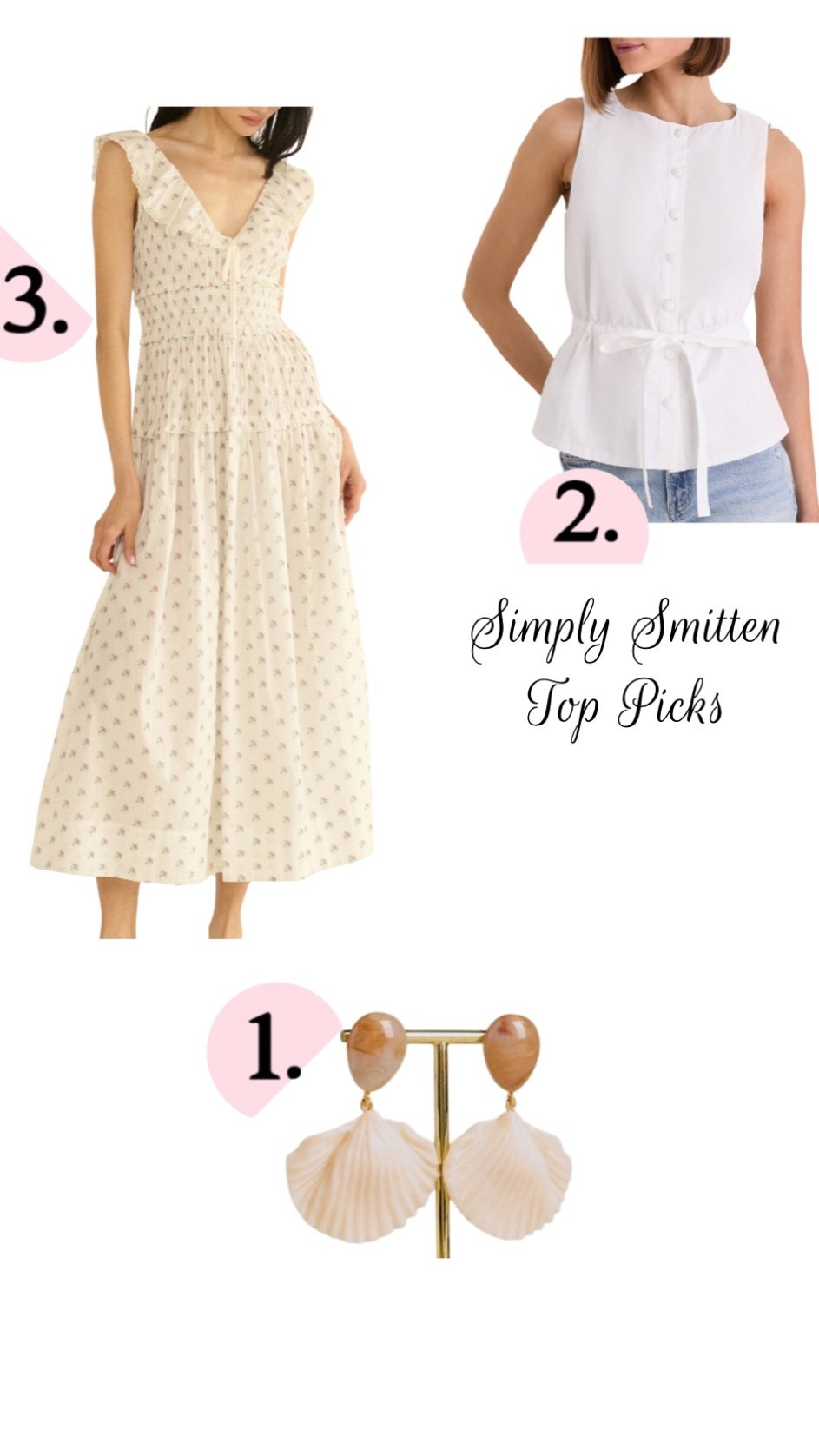 Friday’s Simply Smitten top 3 picks of the week. This tie-waist top is under $100 and also comes in black. Looks cute with pants, skirts, and shorts. This feminine ruffle sleeve dress is perfect for all occasions this summer these sea shell earrings are under $100

#LTKgrwm #LTKTravel #LTKSeasonal