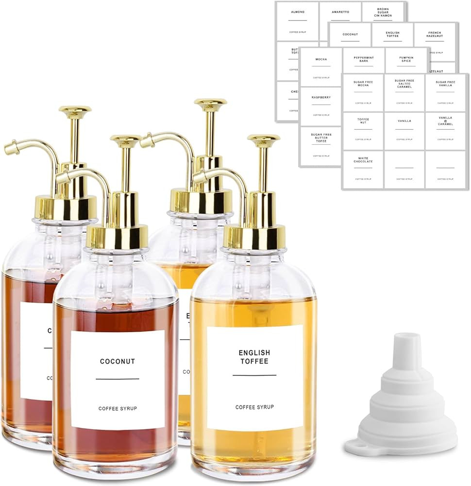 Sunal Coffee Syrup Dispenser,Set of 4 Gold Syrup Dispenser, 500ml/16.9 oz Glass Syrup Pump Bottle... | Amazon (CA)