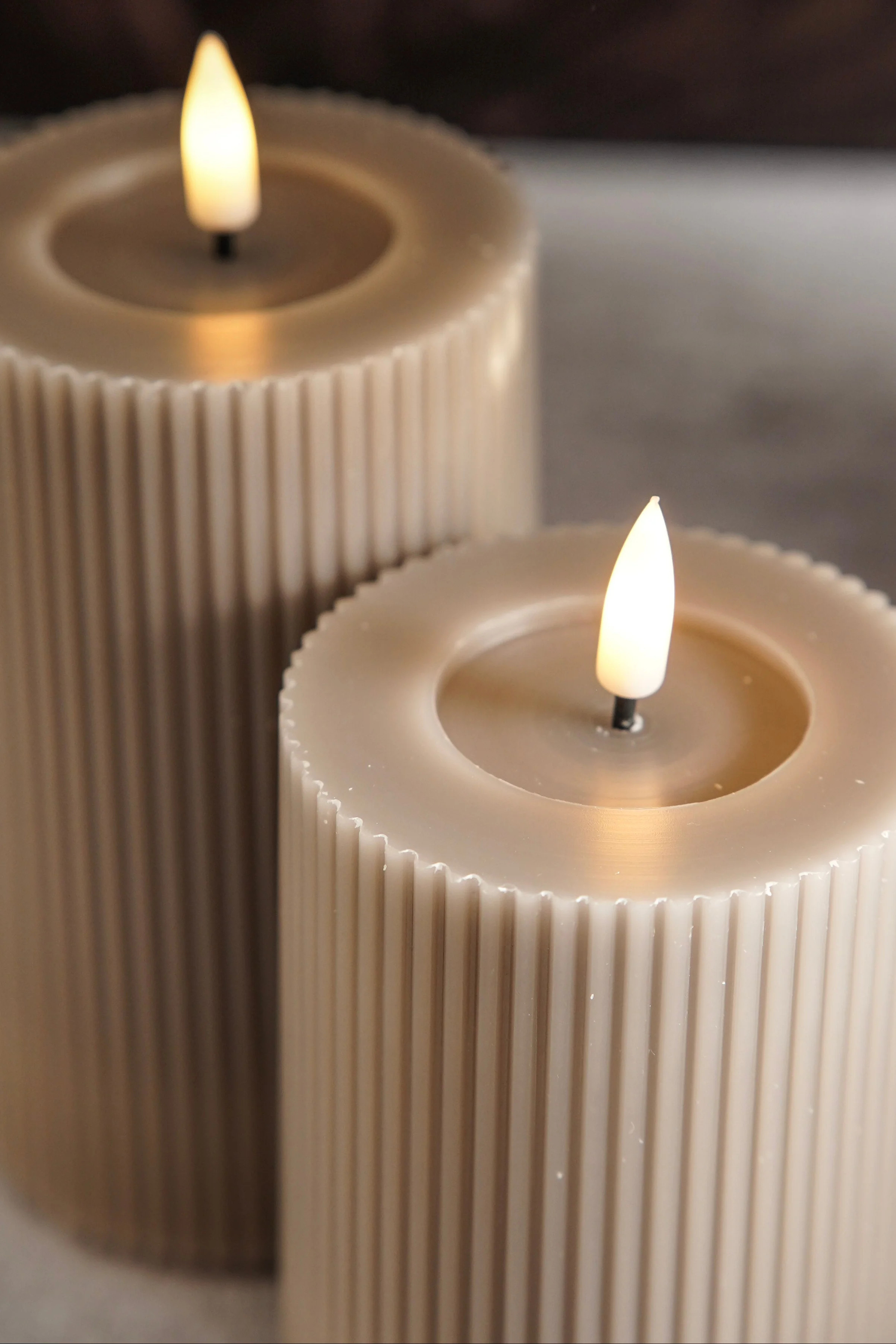 Ribbed Taupe Flameless Pillar | MJHome