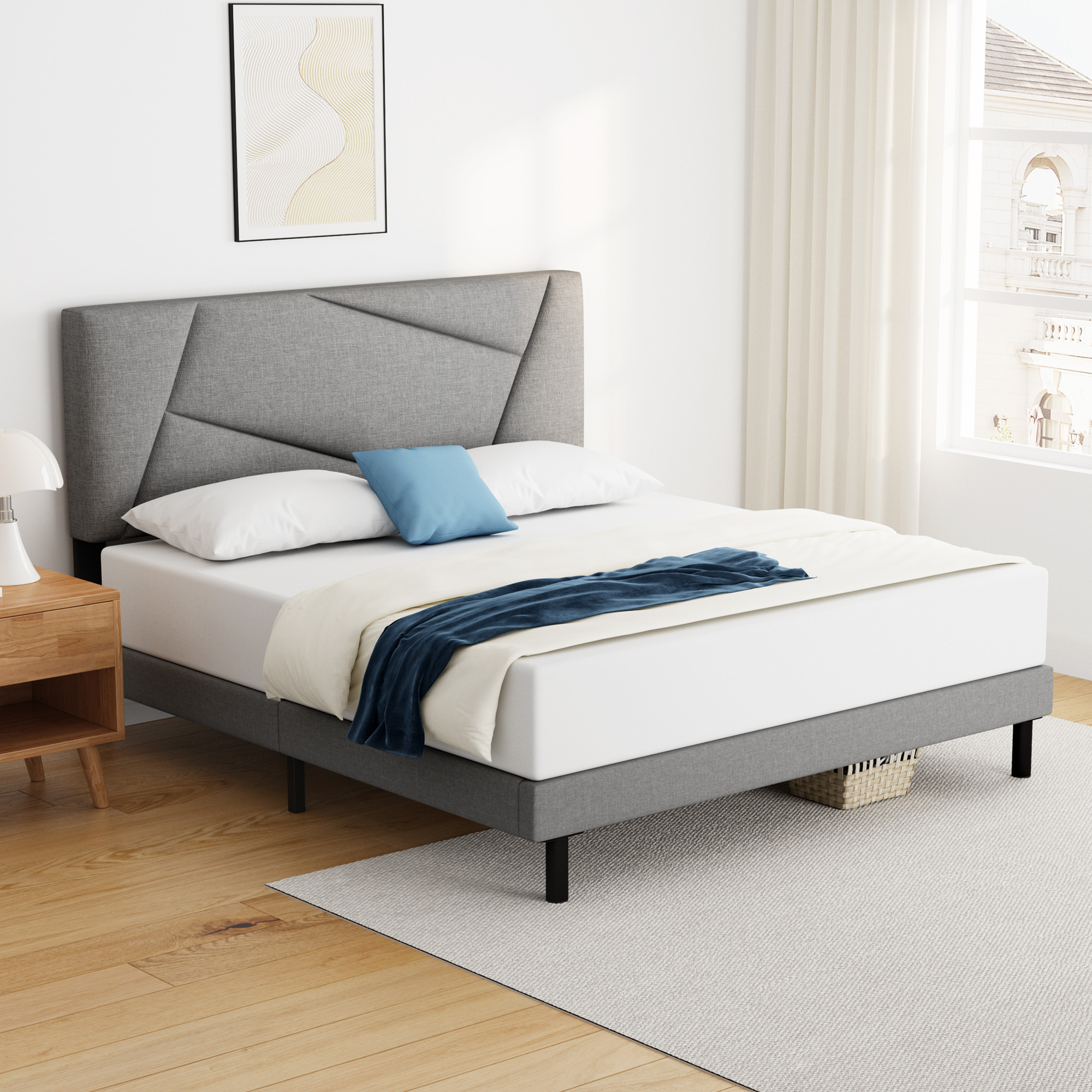 King Bed Frame, HAIIDE King Size Platform Bed Frame with Fabric Upholstered Headboard, Light Grey... | Walmart (US)