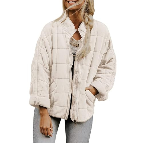 Quilted Jackets for Women Women's Causal Lightweight Stand Collar Long Sleeve Oversized Zip Up Wi... | Amazon (US)