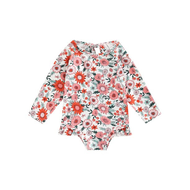 TheFound Baby Toddler Girl Long Sleeve Swimsuit Rashguard Swimwear Ruffled One Piece Bathing Suit | Walmart (US)