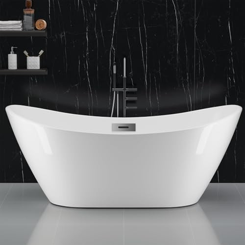 59 Inch Freestanding Bathtubs, White Acrylic Free Standing Bathtub, Modern Soaking Tub with Integrated Overflow & Chrome Drain for Bathroom Remodel | Amazon (US)