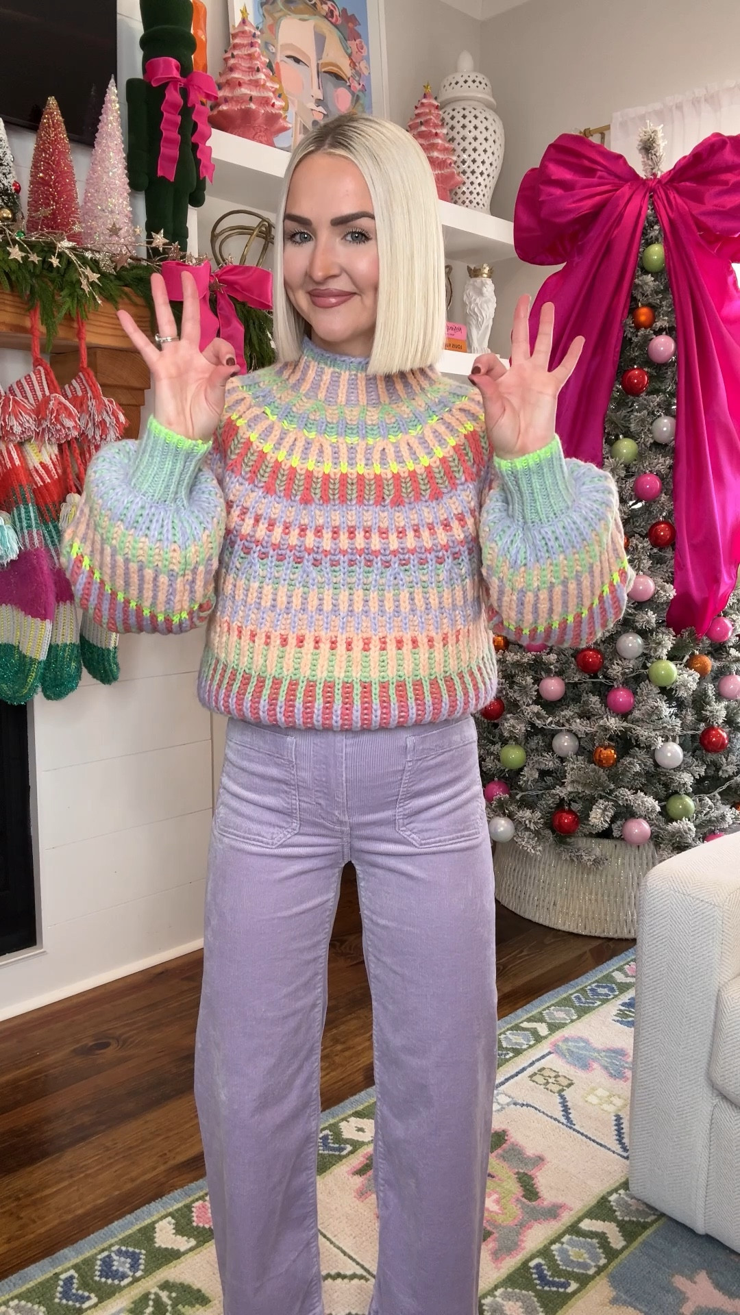 Pastel stripe sweater / multicolored sweater (XXS, size up for looser fit) / lavender Colette corduroy crop wide leg pants (24 regular - I’m 5’2)

#LTKGiftGuide #LTKPetite #LTKHoliday