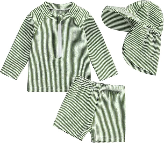 Toddler Baby Boys Seersucker Long Sleeve Swimsuit Trunks Bathing Suit Swimwear with Hat 3Pcs Rash... | Amazon (US)