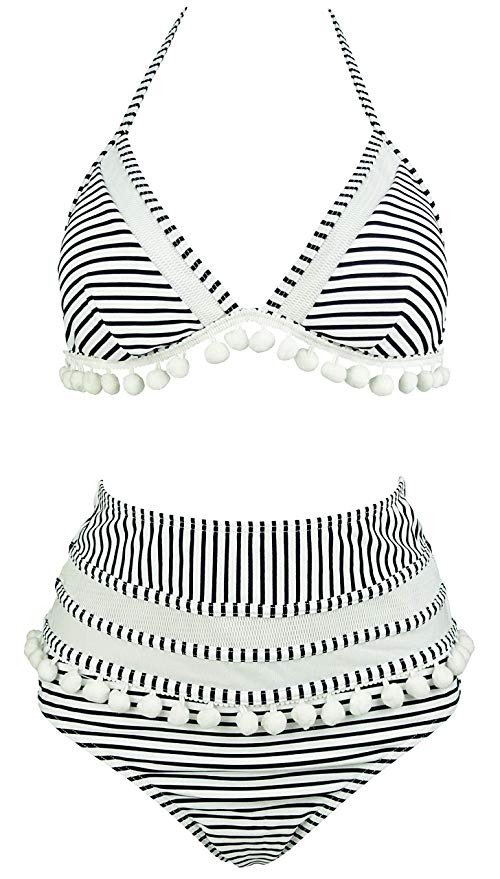 COCOSHIP Women's Mesh Striped High Waist Bikini Set Tassel Trim Top Halter Straps Swimsuit(FBA) | Amazon (US)
