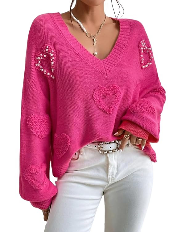 SELINK Women's Fuzzy Heart Sweater V Neck Pearl Drop Shoulder Casual Long Sleeve Valentines Sweat... | Amazon (US)